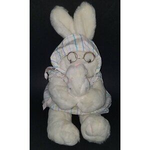 VTG Chosun White Bunny Rabbit Mom + Baby Plush Toy Striped Outfit Wire Glasses